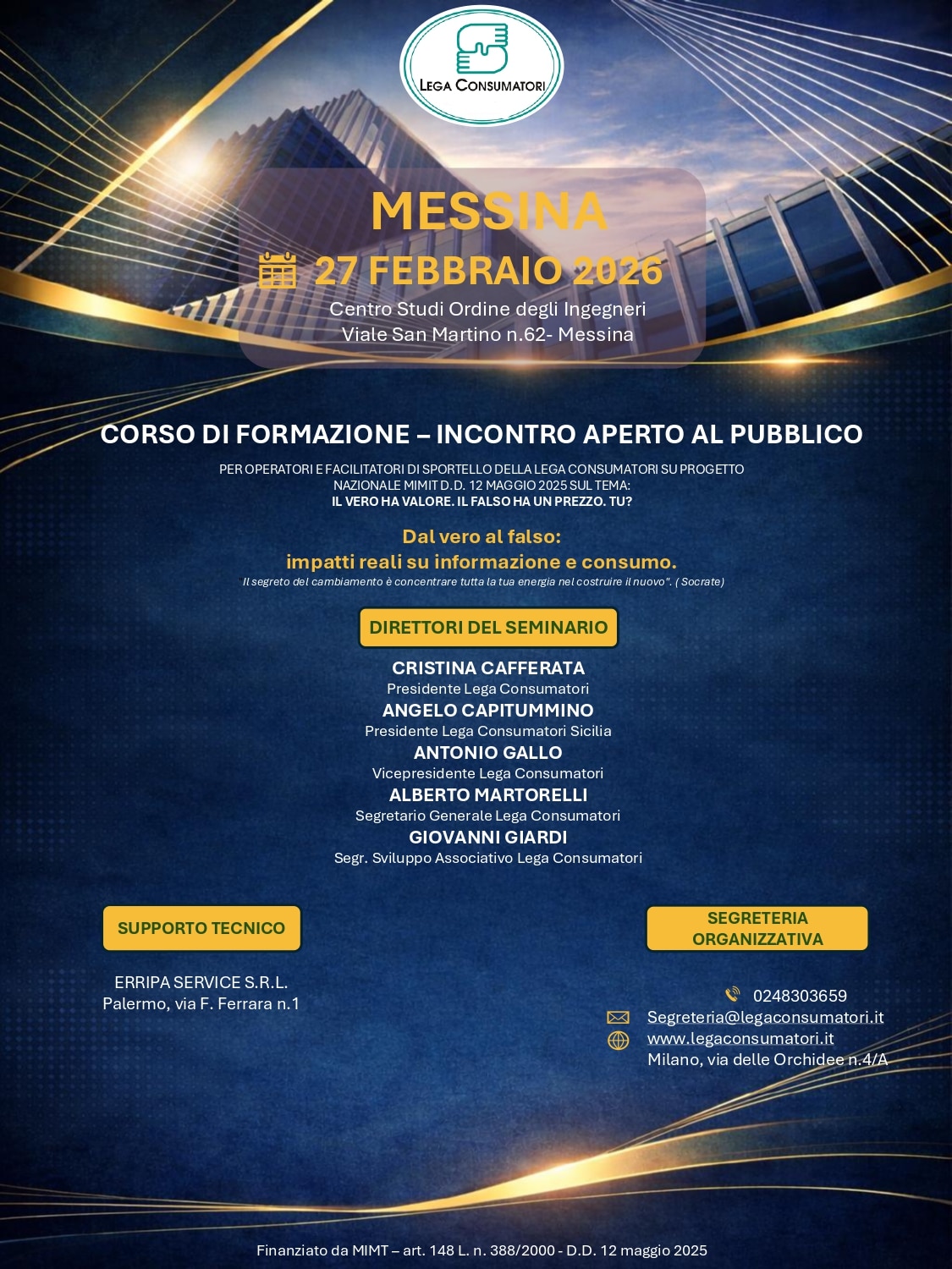 CORSO DI FORMAZIONE PER OPERATORI DI SPORTELLO – PROGETTO MIMIT “IL VERO HA VALORE, IL FALSO HA UN PREZZO. TU?”